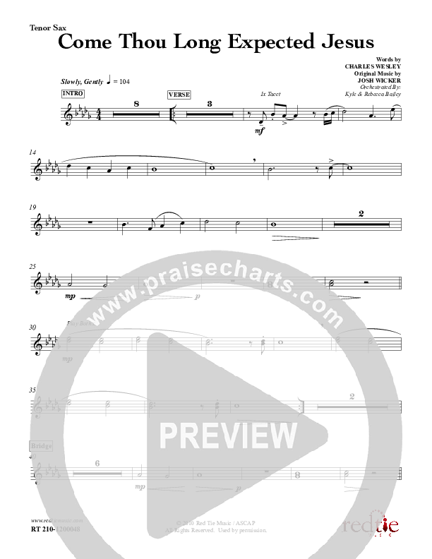 Come Thou Long Expected Jesus Tenor Sax 2 (Red Tie Music)