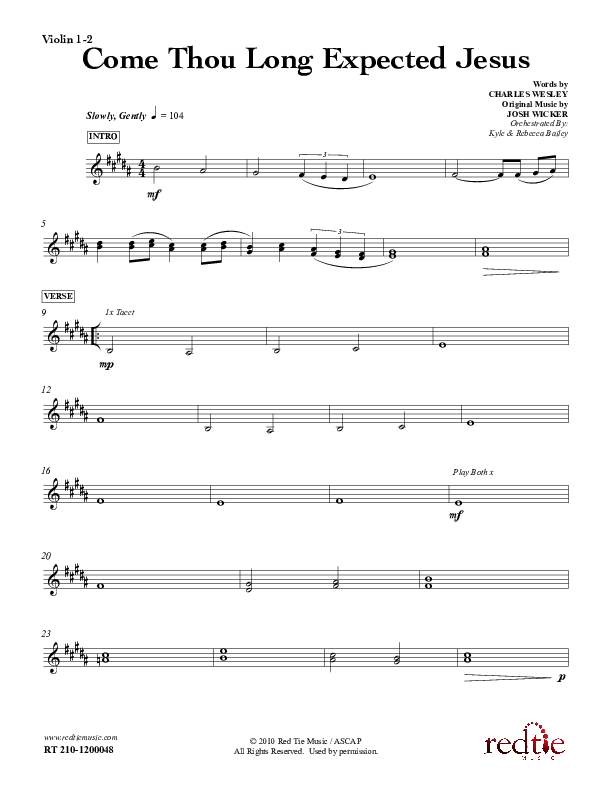 Come Thou Long Expected Jesus Violin 1/2 (Red Tie Music)