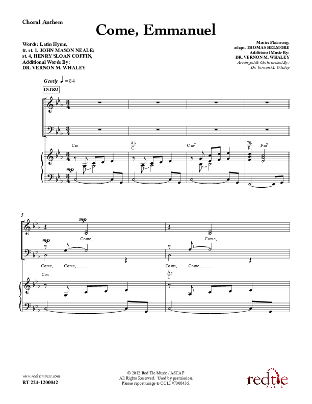 Come Emmanuel Choir Vocals (SATB) (Red Tie Music)