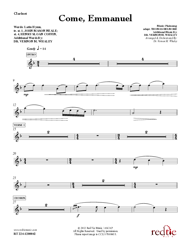 Come Emmanuel Clarinet (Red Tie Music)