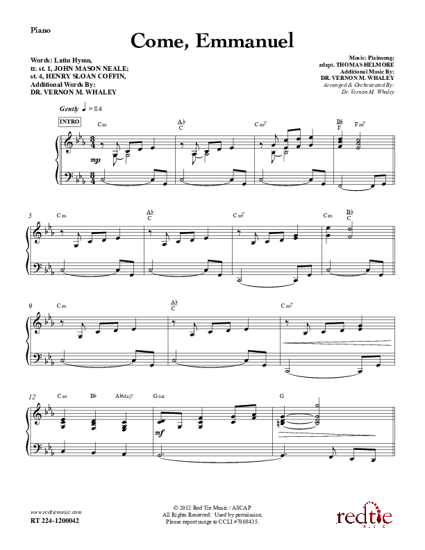 Come Emmanuel Piano Sheet (Red Tie Music)