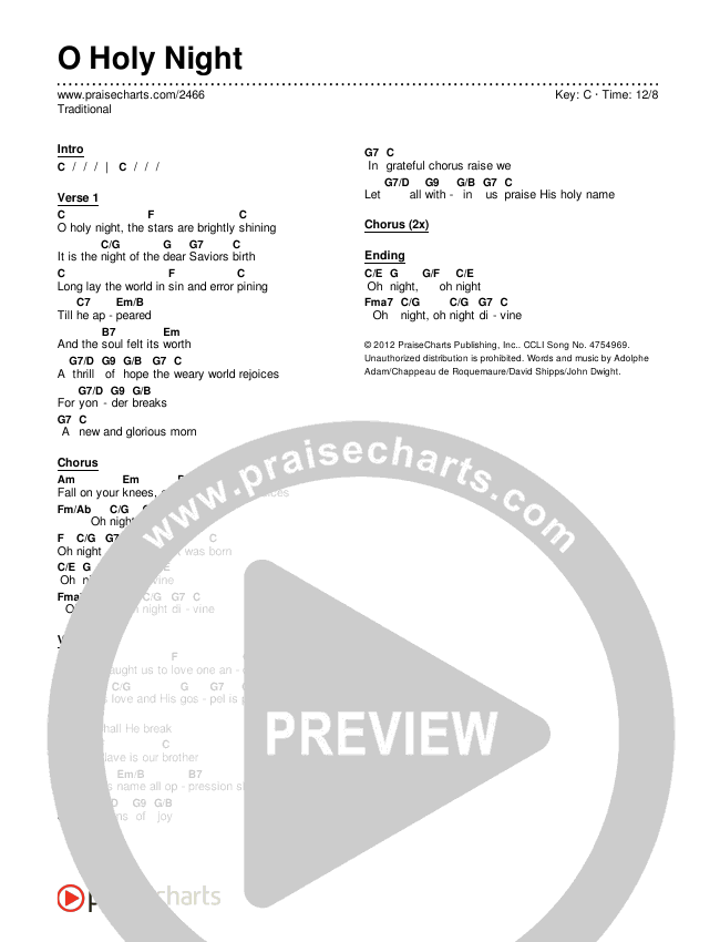 O Holy Night Chords & Lyrics (Traditional Carol / PraiseCharts)