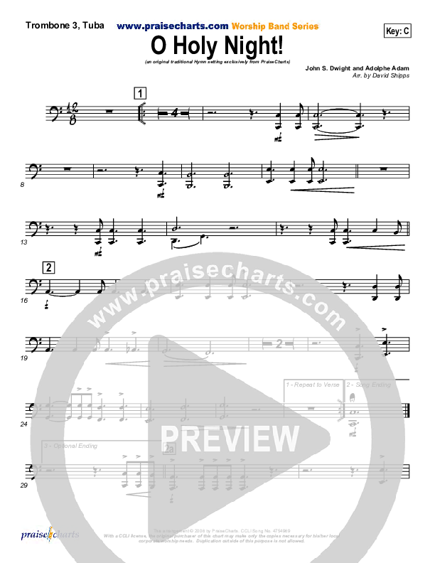 O Holy Night Trombone 3/Tuba (Traditional Carol / PraiseCharts)