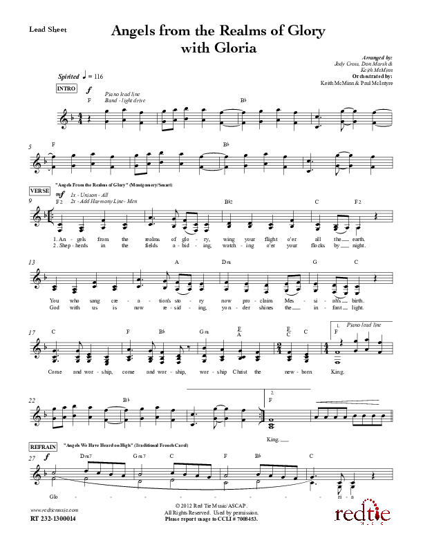 Angels From The Realms Of Glory with Gloria Lead Sheet (Red Tie Music)