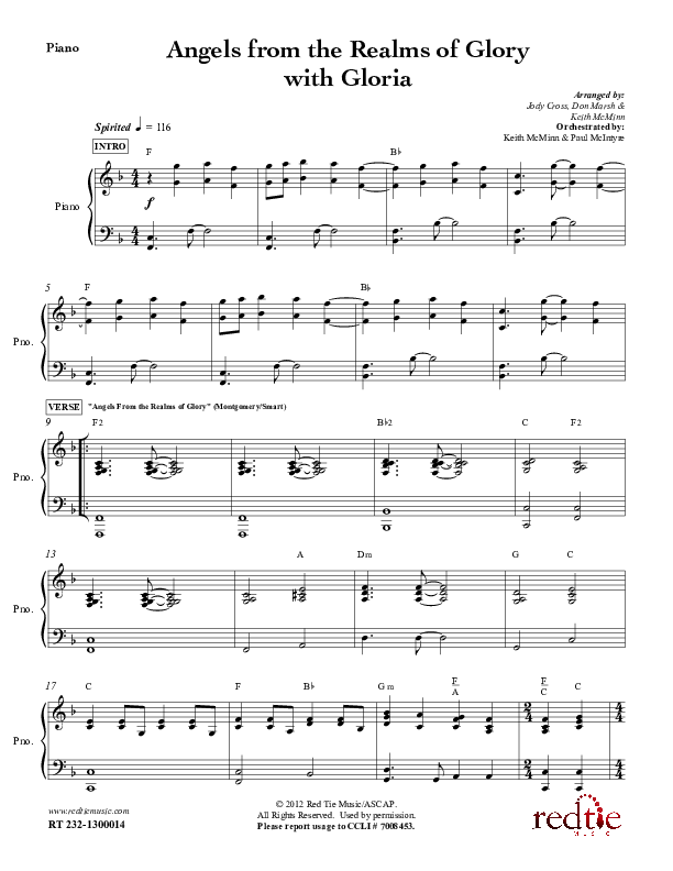 Angels From The Realms Of Glory with Gloria Piano Sheet (Red Tie Music)