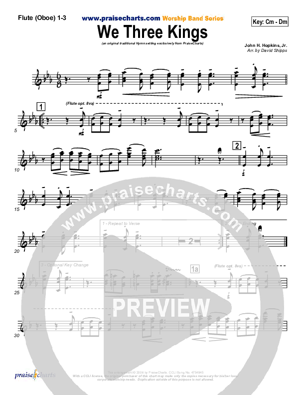 We Three Kings Flute/Oboe 1/2/3 (Traditional Carol / PraiseCharts)
