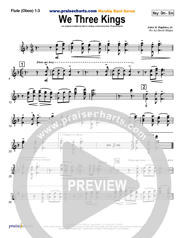 We Three Kings Flute/Oboe 1/2/3 (Traditional Carol / PraiseCharts)