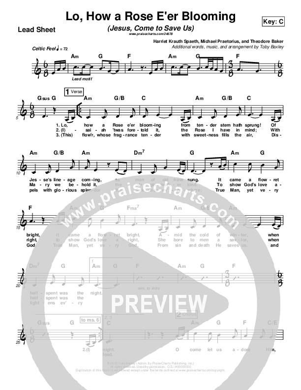 Lo How A Rose E'er Blooming (Jesus Come To Save Us) Lead Sheet (Toby Baxley)