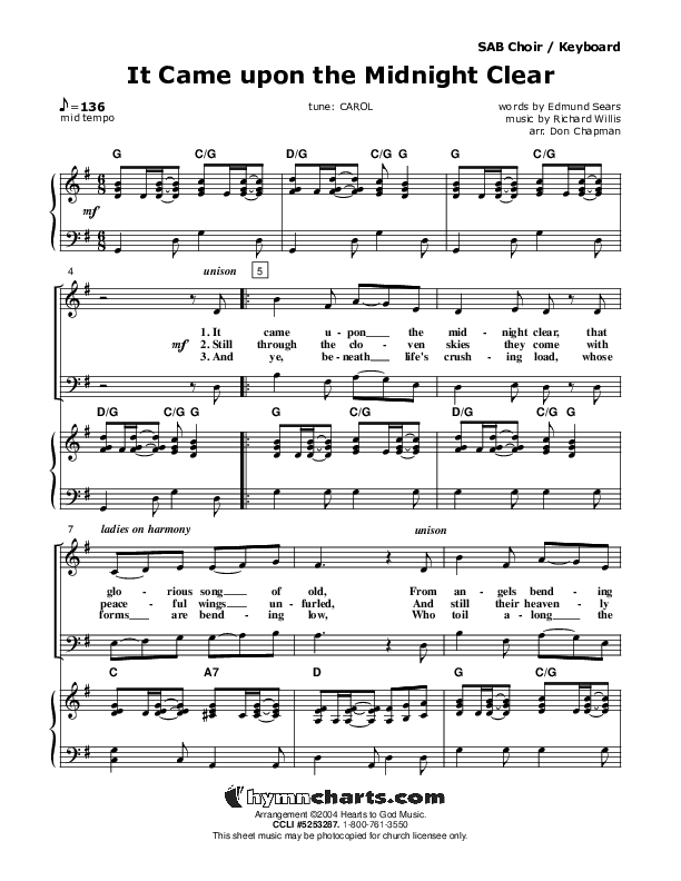 It Came Upon The Midnight Clear Piano/Vocal (Don Chapman)