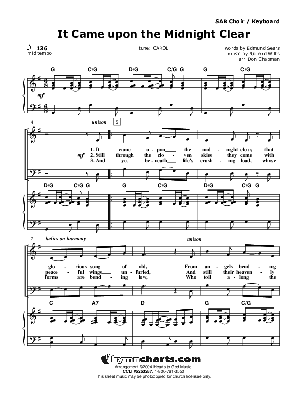 It Came Upon The Midnight Clear Piano/Vocal (SATB) (Don Chapman)