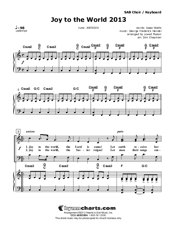 Joy To The World 2013 Choir Sheet (Don Chapman)