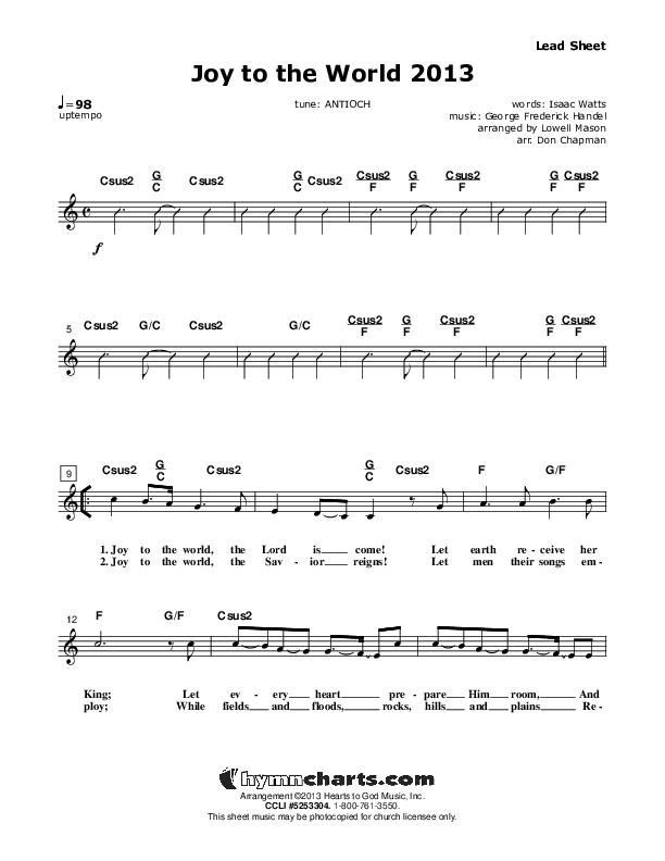 Joy To The World 2013 Lead Sheet (Don Chapman)
