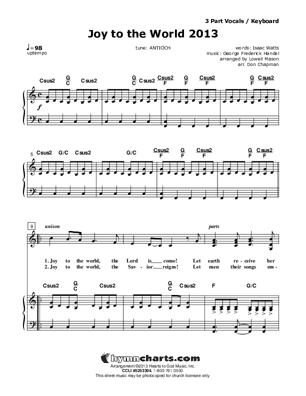 Joy To The World 2013 Piano/Vocal (SAT) (Don Chapman)