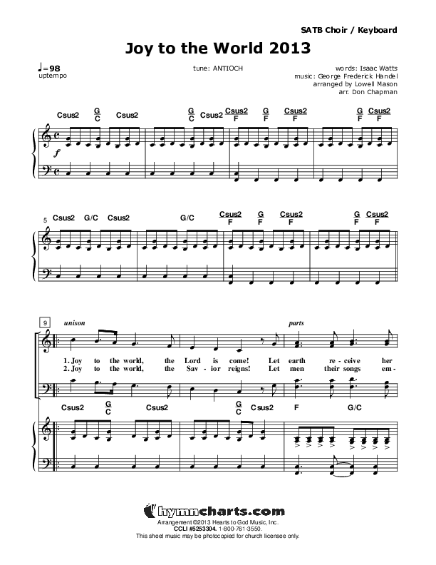 Joy To The World 2013 Piano/Vocal (SATB) (Don Chapman)