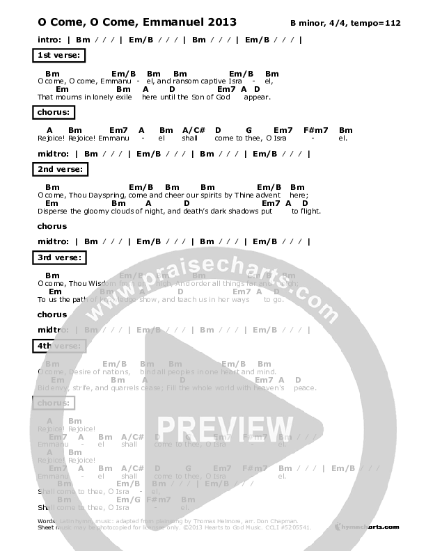 O Come O Come Emmanuel 2013 Chords & Lyrics (Don Chapman)
