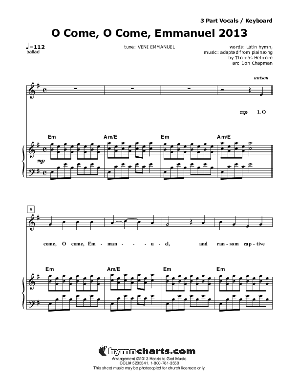 O Come O Come Emmanuel 2013 Piano/Vocal (SAT) (Don Chapman)