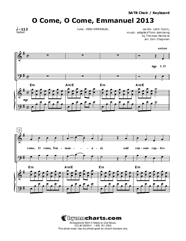 O Come O Come Emmanuel 2013 Piano/Vocal (SATB) (Don Chapman)