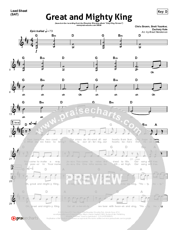 Great And Mighty King Lead Sheet (SAT) (Elevation Worship)