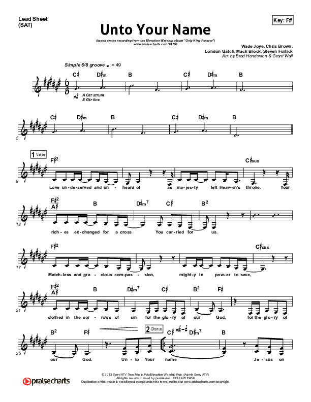 Unto Your Name Lead Sheet (SAT) (Elevation Worship)