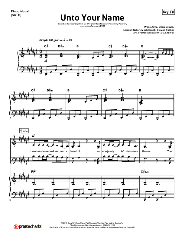Unto Your Name Piano/Vocal (SATB) (Elevation Worship)