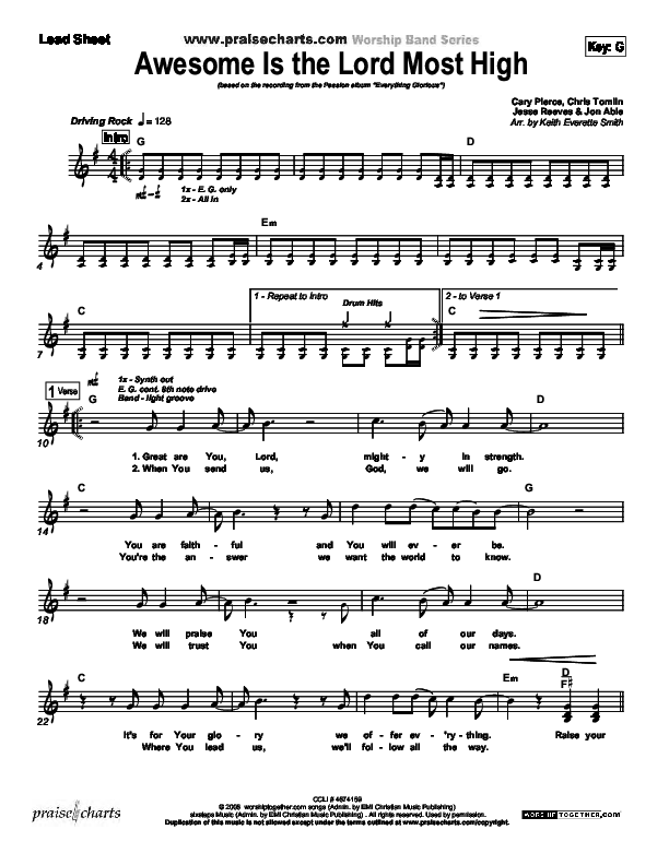 Awesome Is The Lord Most High Lead Sheet (SAT) (Chris Tomlin / Passion)