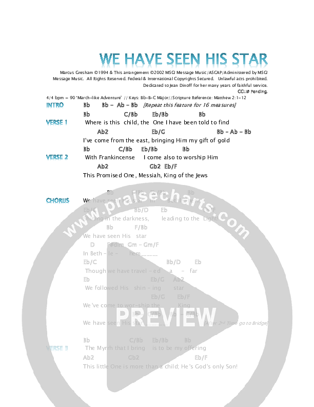 We Have Seen His Star Chords & Lyrics (Marcus Gresham / Greg Boggs / Russ Jones)