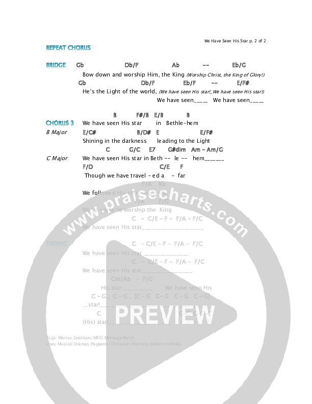 We Have Seen His Star Chords & Lyrics (Marcus Gresham / Greg Boggs / Russ Jones)