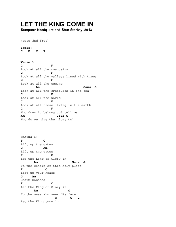 Let The King Come In Chords & Lyrics (Sam Nordquist / Stan Starkey)