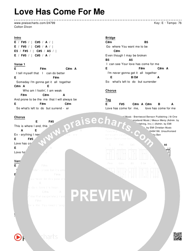 Love Has Come For Me Chords & Lyrics (Colton Dixon)