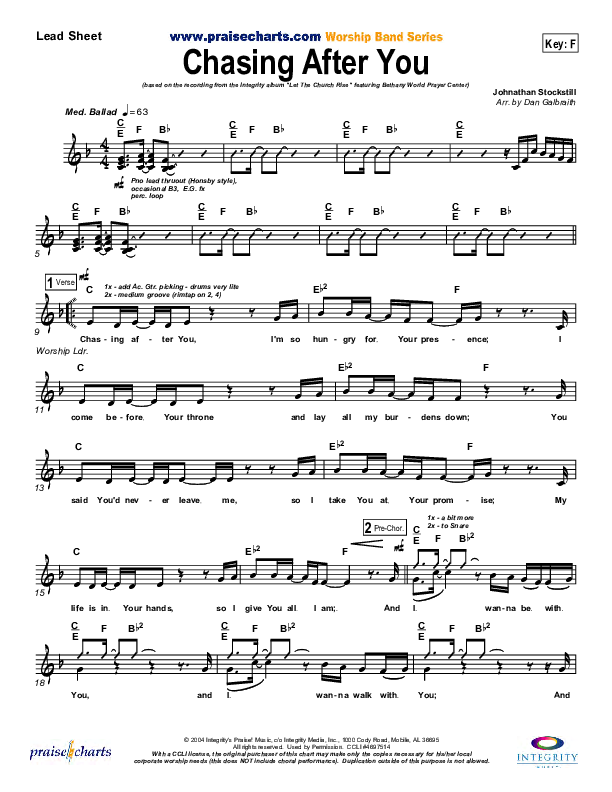 Chasing After You Lead Sheet (Bethany Music / Jonathan Stockstill)