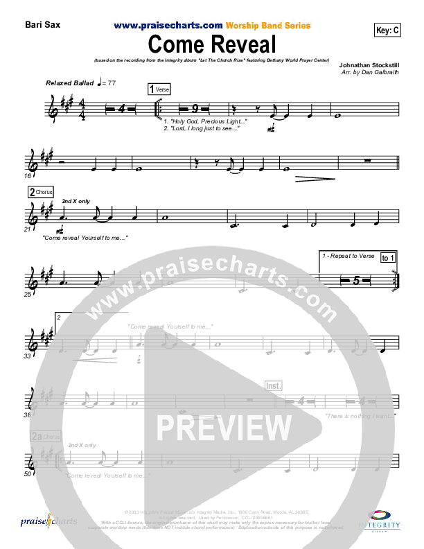 Come Reveal Bari Sax (Bethany Music / Jonathan Stockstill)