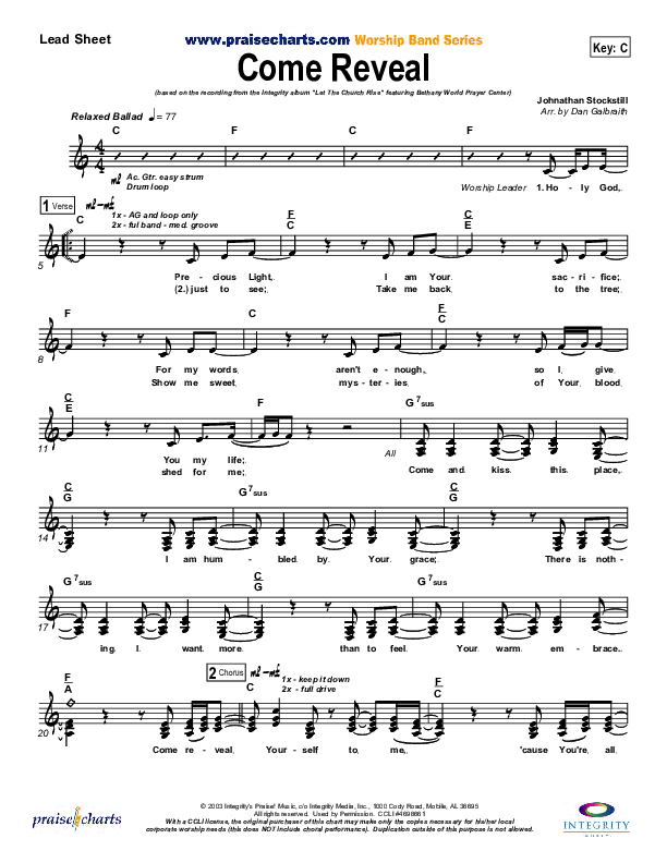 Come Reveal Lead Sheet (Bethany Music / Jonathan Stockstill)