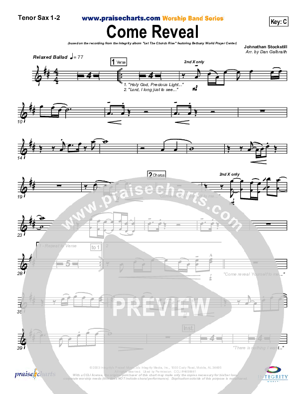 Come Reveal Tenor Sax 1/2 (Bethany Music / Jonathan Stockstill)