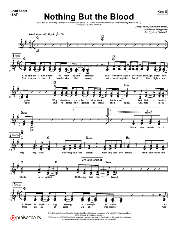 Nothing But The Blood Lead Sheet (SAT) (Centricity Worship / Corey Voss)