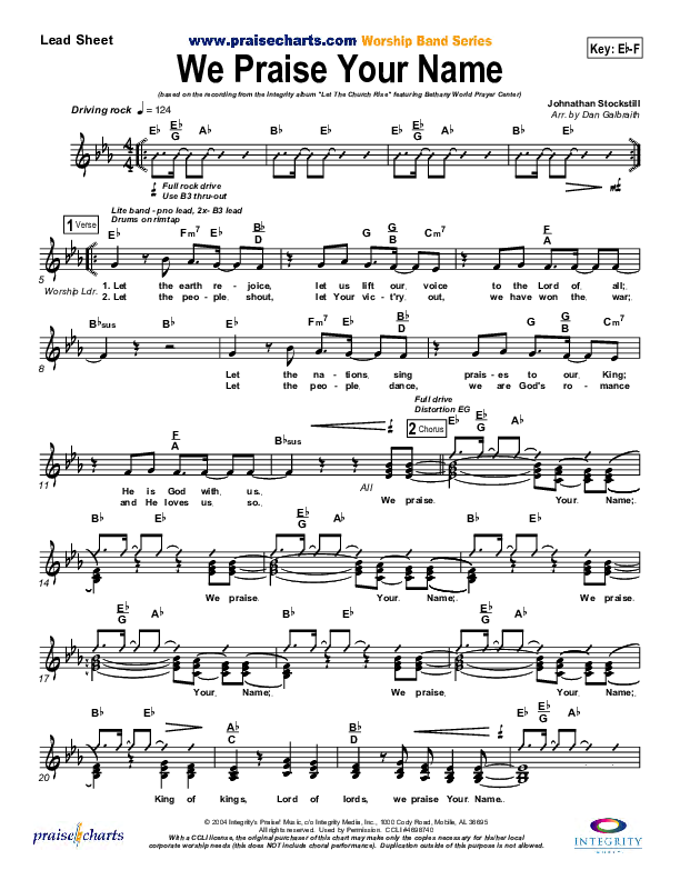 We Praise Your Name Lead Sheet (Bethany Music / Jonathan Stockstill)