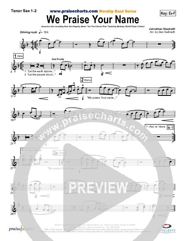 We Praise Your Name Tenor Sax 1/2 (Bethany Music / Jonathan Stockstill)