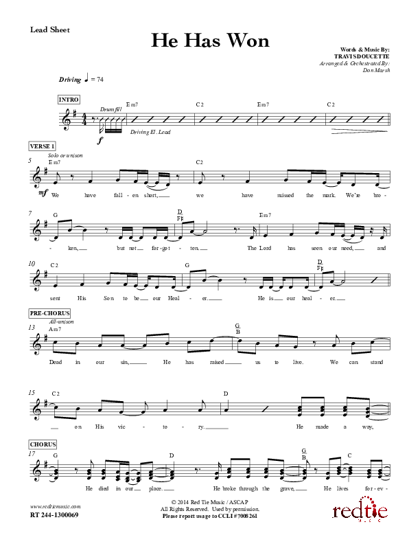He Has Won Lead Sheet (Red Tie Music)