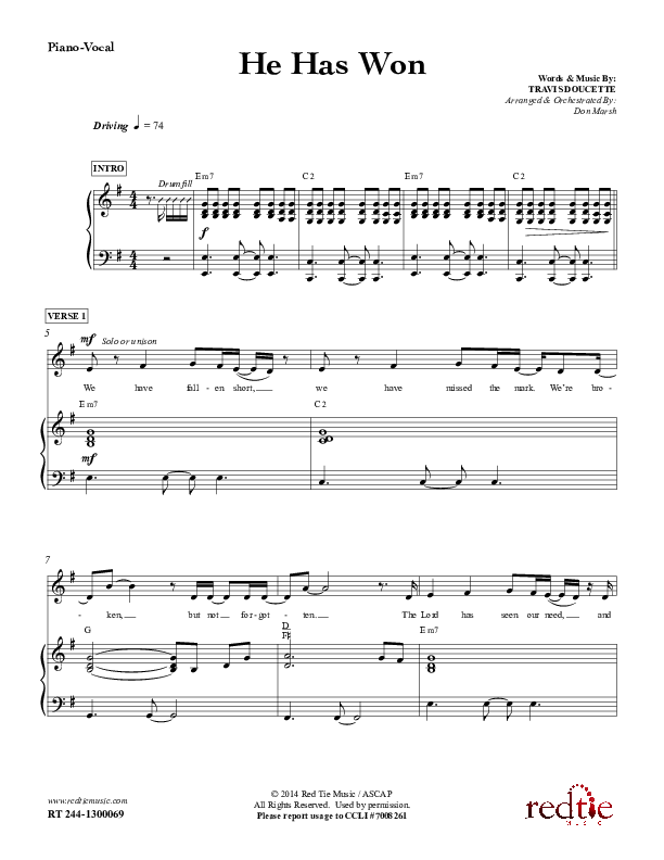 He Has Won Piano/Vocal (Red Tie Music)