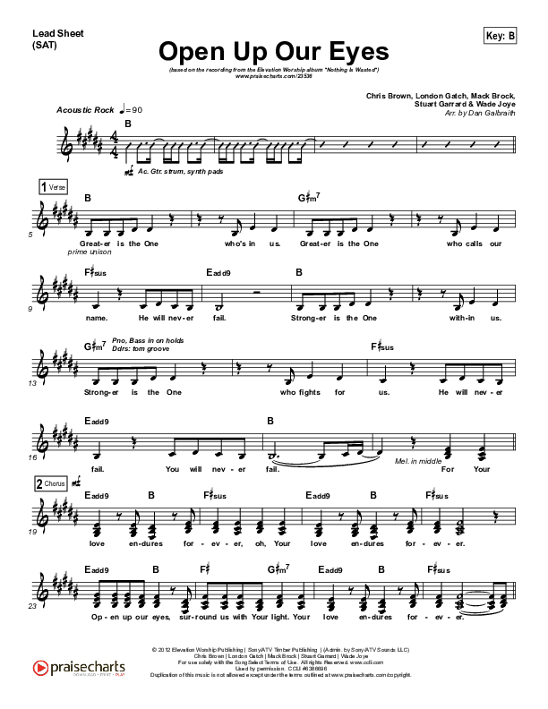 Open Up Our Eyes (Choral Anthem SATB) Lead Sheet (SAT) (Elevation Worship / Arr. Richard Kingsmore)
