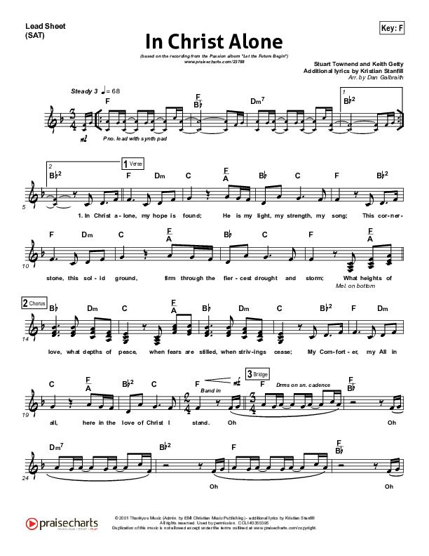 In Christ Alone (Choral Anthem SATB) Lead Sheet (SAT) (Kristian Stanfill / Passion / NextGen Worship / Arr. Richard Kingsmore)