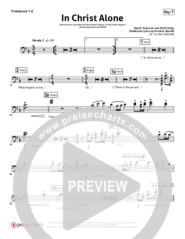 In Christ Alone (Choral Anthem SATB) Trombone 1/2 (Kristian Stanfill / Passion / NextGen Worship / Arr. Richard Kingsmore)