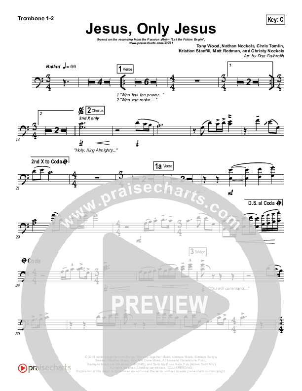 Jesus Only Jesus (Choral Anthem SATB) Trombone 1/2 (Matt Redman / NextGen Worship / Arr. Richard Kingsmore)