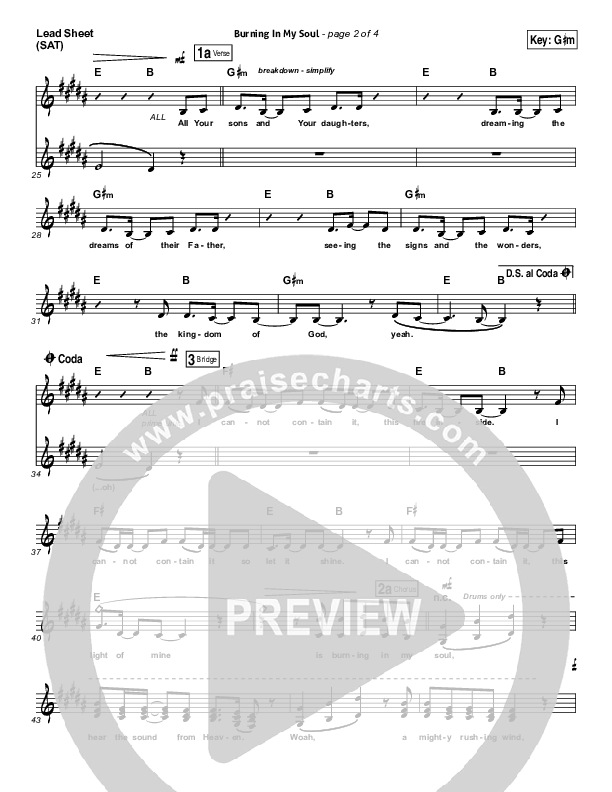 Burning In My Soul (Choral Anthem SATB) Lead Sheet (SAT) (Brett Younker / Passion / Arr. Richard Kingsmore)