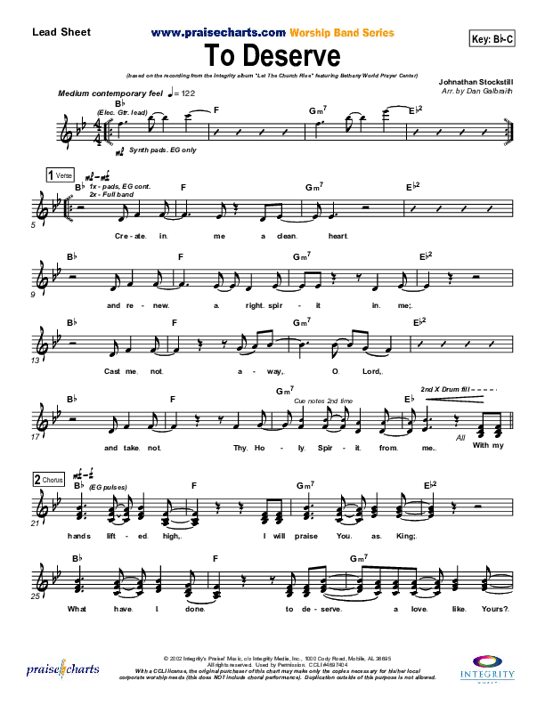 To Deserve Lead Sheet (Bethany Music / Jonathan Stockstill)