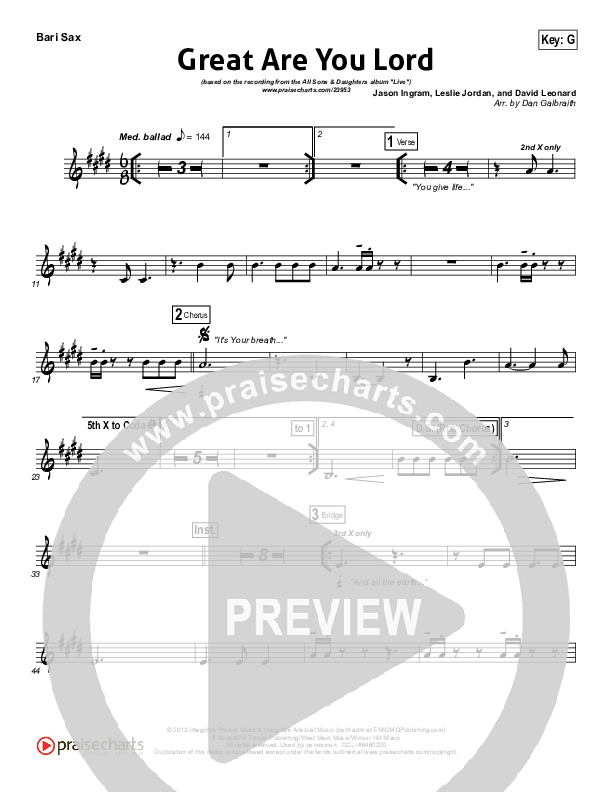 Great Are You Lord (Choral Anthem SATB) Bari Sax (All Sons & Daughters / NextGen Worship / Arr. Richard Kingsmore)