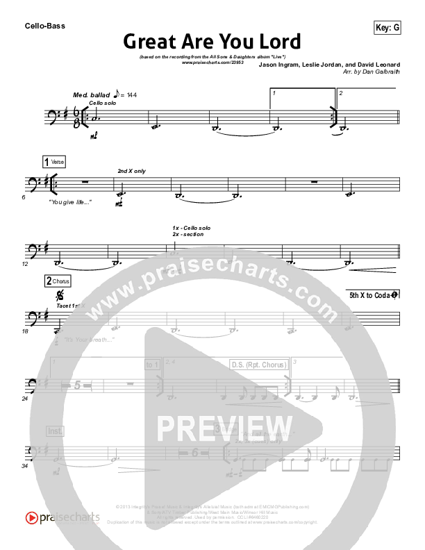 Great Are You Lord (Choral Anthem SATB) Cello/Bass (All Sons & Daughters / NextGen Worship / Arr. Richard Kingsmore)