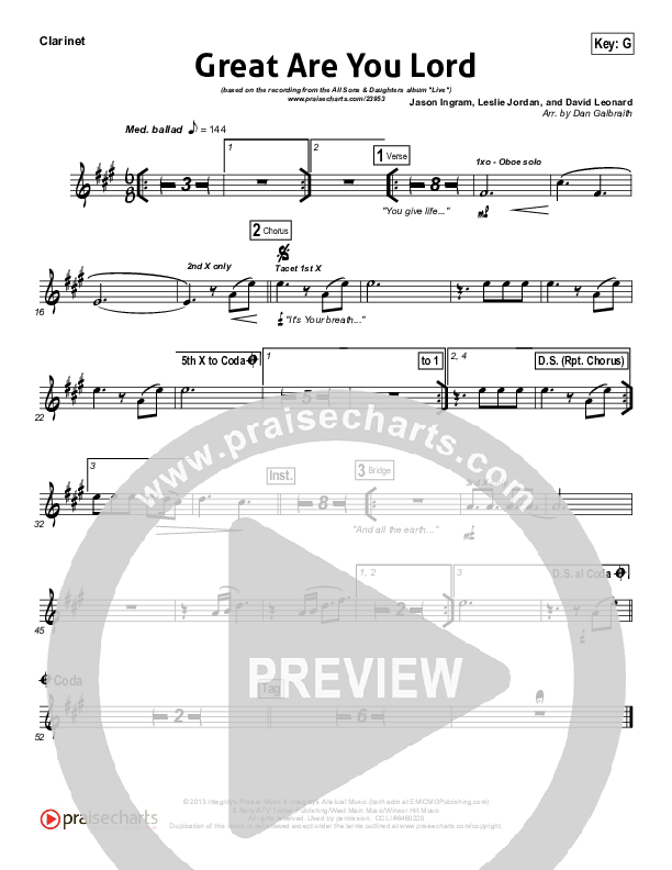 Great Are You Lord (Choral Anthem SATB) Clarinet (All Sons & Daughters / NextGen Worship / Arr. Richard Kingsmore)