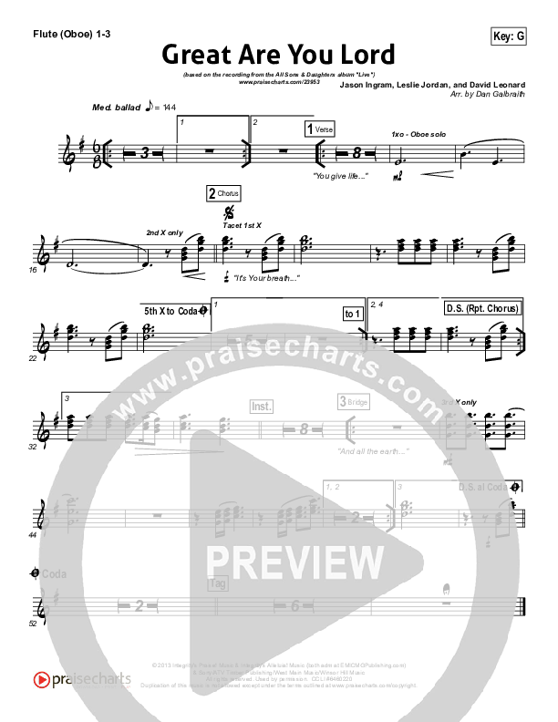 Great Are You Lord (Choral Anthem SATB) Flute/Oboe 1/2/3 (All Sons & Daughters / NextGen Worship / Arr. Richard Kingsmore)