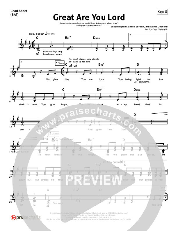 Great Are You Lord (Choral Anthem SATB) Lead Sheet (SAT) (All Sons & Daughters / NextGen Worship / Arr. Richard Kingsmore)