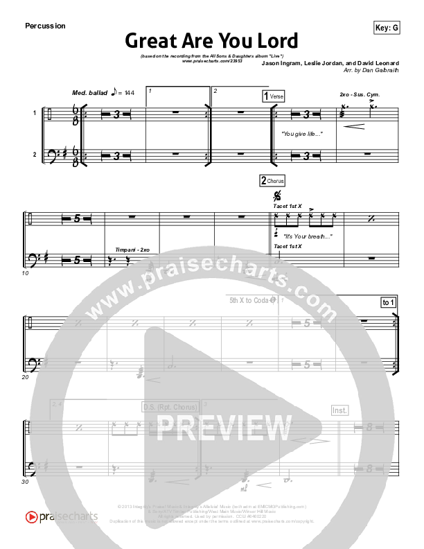 Great Are You Lord (Choral Anthem SATB) Percussion (All Sons & Daughters / NextGen Worship / Arr. Richard Kingsmore)